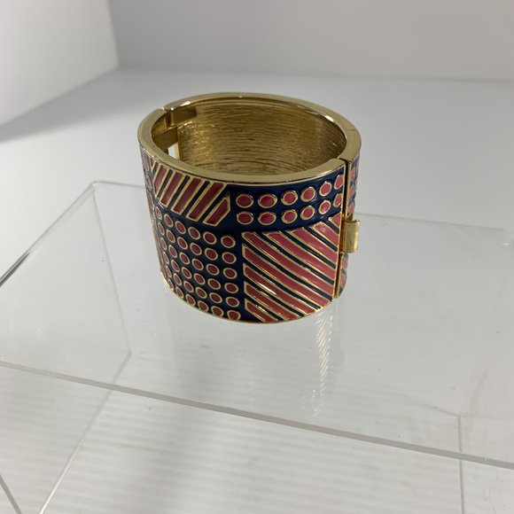 Banana Republic Cuff Bracelet Hinge Navy Blue Pink Enamel Stripe Dots 2" Wide - Picture 7 of 7